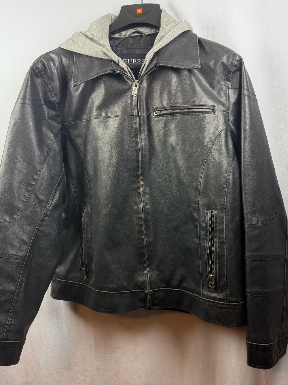 GUESS Black Leather Bomber Jacket with Gray Hood Size L